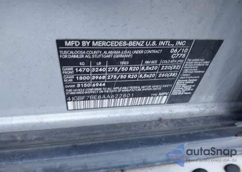 2010 Mercedes-Benz Gl 450 4Matic from USA, damaged, VIN 4JGBF7BE8AA622801